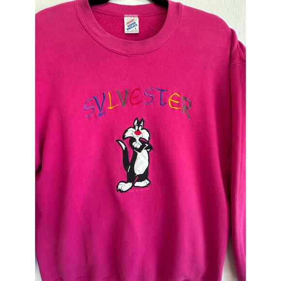 Vintage Jerzees Sylvester Looney Tunes Sweatshirt Pink Embroidered Large USA - Picture 3 of 7